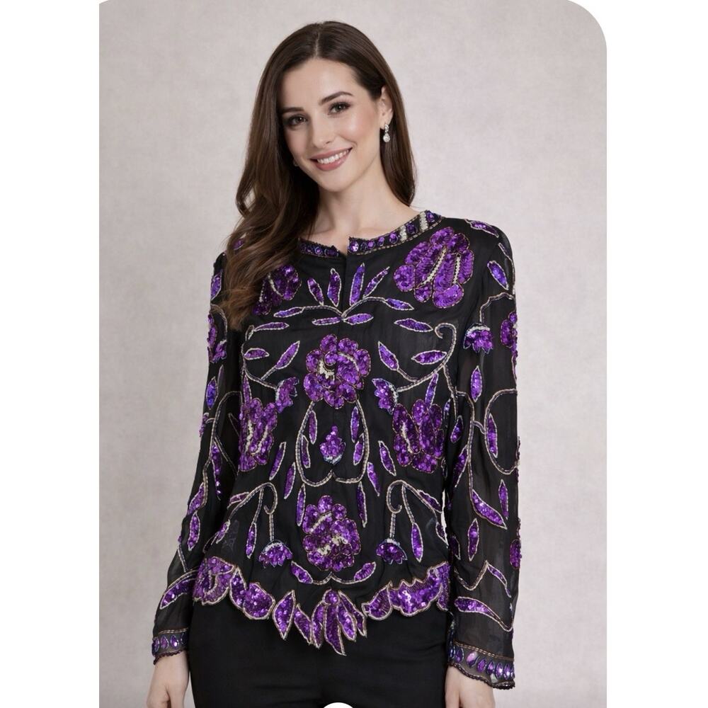 NWT Vintage SILK Laurence Kazar Beaded Sequin Shirt Top Women’s Purple Xl
